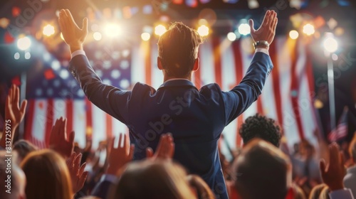 An organization representative delivers an emotional speech at an election rally, with the crowd cheering and clapping. The minister speaks against a backdrop of American flags. © Антон Сальников