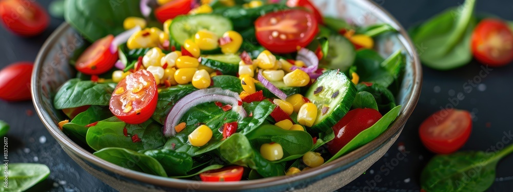 diet salad salad of tomatoes, cucumbers, greens and corn. Selective focus diet salad salad of tomatoes, cucumbers, greens and corn. Selective focus
