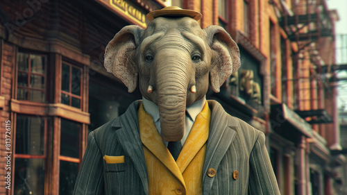 Elegant elephant gracefully walks through urban streets, adorned in tailored sophistication, epitomizing street style. © Dmitriy