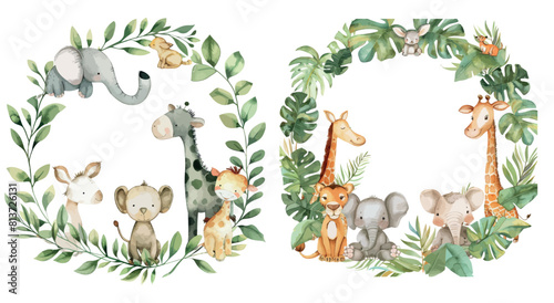 The safari animal frame template is based on watercolor illustrations photo