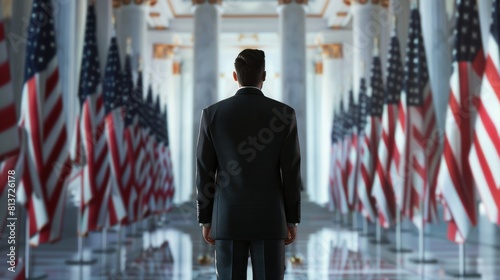 Representing an inspiring organization at a press conference in a government building. Delivering a speech at a summit. Minister at Congress. American flags on the backdrop.