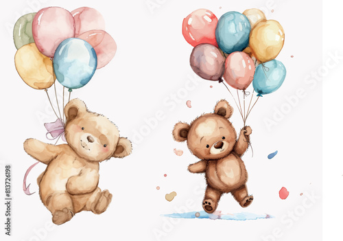 Cute watercolor illustration of an adorable baby bear flying with balloons