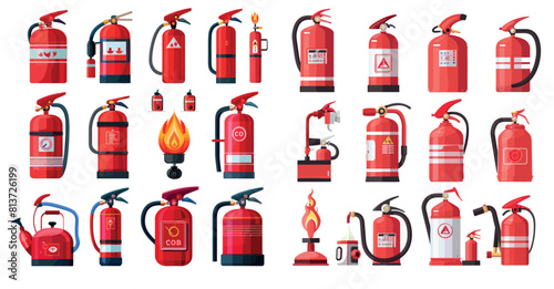 Modern  cartoon flat illustration of dry fire fighting powders, water foams, and red cylinders with spray hoses.