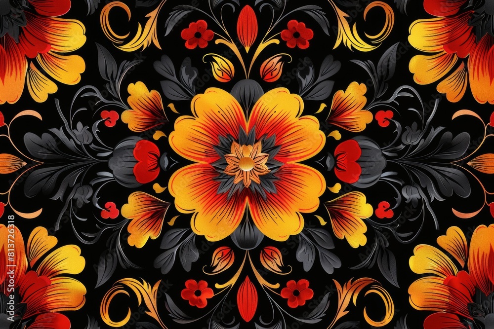 Red and yellow floral motif on fabric in the form of Khokhloma painting on a black background. Pattern for clothing and textile printing. National natural print, Khokhloma. Red and yellow floral motif on fabric in the form of Khokhloma painting on a black background. Pattern for clothing and textile printing. National natural print, Khokhloma.