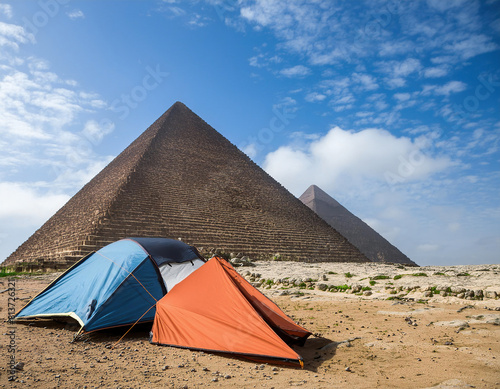 Camping Tents In Front Of Pyramids