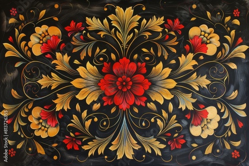 Red and yellow floral motif on fabric in the form of Khokhloma painting on a black background. Pattern for clothing and textile printing. National natural print, Khokhloma. photo