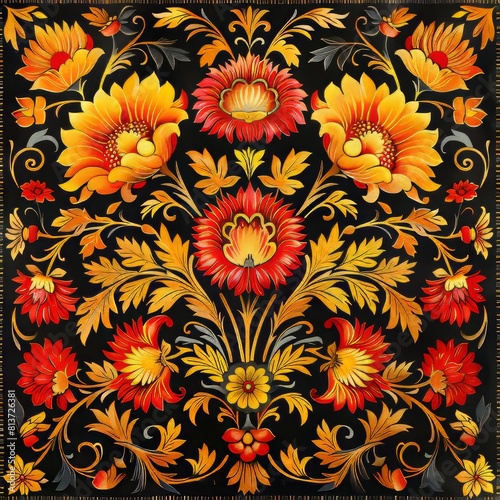 Red and yellow floral motif on fabric in the form of Khokhloma painting on a black background. Pattern for clothing and textile printing. National natural print  Khokhloma.