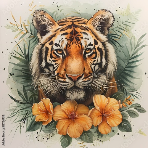 A lifelike portrayal of a tiger surrounded by greenery and flowers  highlighting the animal s majestic presence and beauty