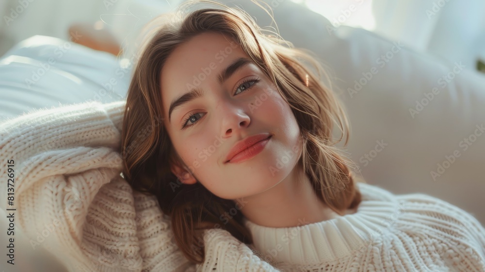 A beautiful young woman in a white woolen sweater looking up at the camera and smiling charmingly, resting in a bright living room.
