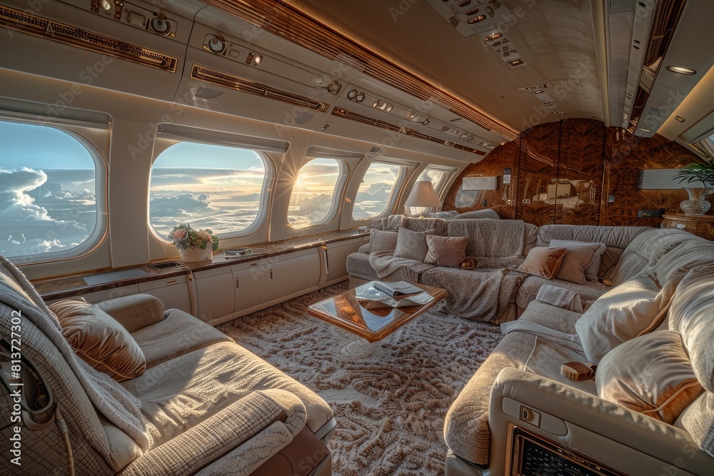 Fototapeta premium A luxurious living room with a large window overlooking the ocean
