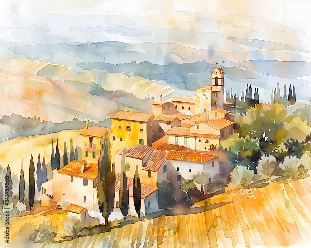 Obraz premium Idyllic Tuscan Landscape in Watercolor
