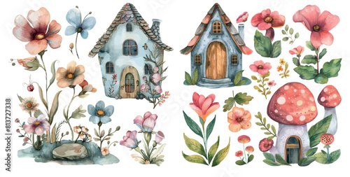 Set of watercolor illustrations showing flowers and fairy houses