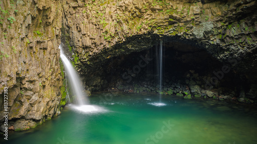 Pigeon s Nest Waterfall with corrasional cave and columnar joint volcanic topography