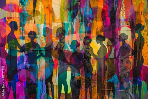 Brightly colored painting of people walking in a line