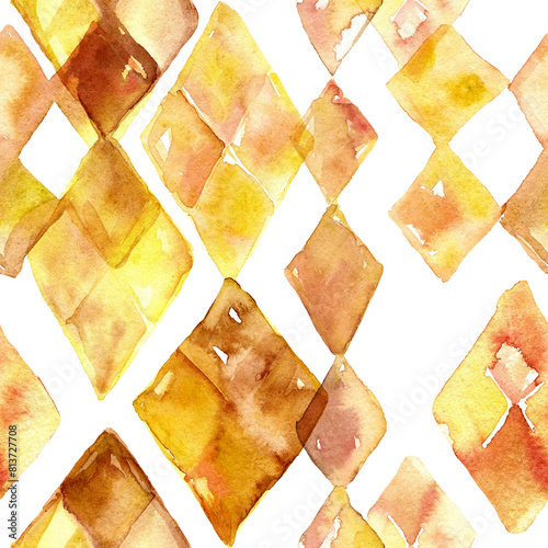A seamless pattern with watercolor abstract diamonds in yellow and gold. Rhombus forms blending into white background. Design for textile, packaging, covers, surfaces, fabric.  (ID: 813727708)
