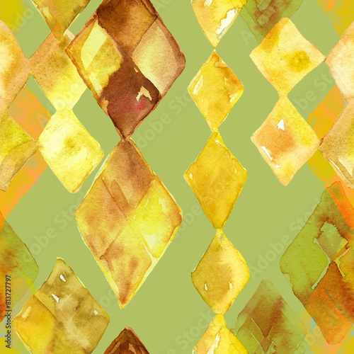 A seamless pattern with watercolor abstract diamonds in yellow and gold. Rhombus forms blending into lime color background. Design for textile, packaging, covers, surfaces, fabric.  (ID: 813727797)