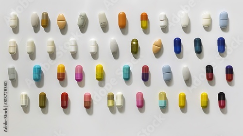 Colorful pills arranged elegantly on a white canvas  representing the array of pharmaceutical options for maintaining health and wellness.