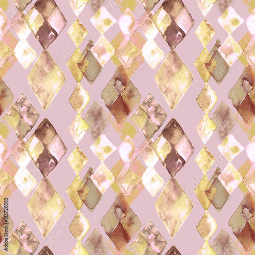 A seamless pattern with watercolor abstract diamonds in yellow and gold. Rhombus forms blending into beige background. Design for textile, packaging, covers, surfaces, fabric. (ID: 813728583)