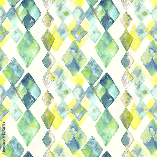 A seamless pattern with watercolor abstract diamonds in pastel yellow and teal, forms blending into background. Airy style rhombus. Soft blue colors. Design for textile, packaging, covers, surfaces.  (ID: 813728736)