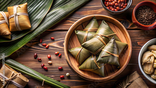 Rice Dumplings with Ingredients, Wooden Background: Dragon Boat Festival. Perfect for: Dragon Boat Festival, Traditional Chinese Cuisine, Dragon Boat Festival food promotion.