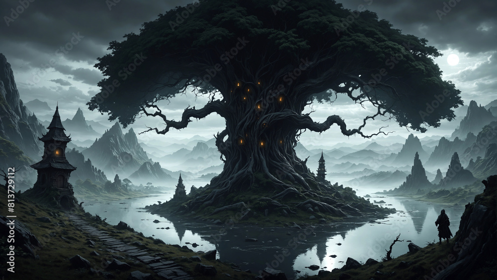 Fototapeta premium A traveler discovers a giant spirit tree, a lake in a mountain valley, small sacrificial temples, digital illustration, epic dark fantasy scenery, high detail