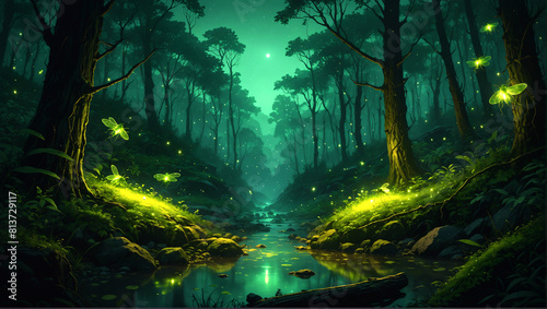 Fireflies in a green glowing forest, moonlit star sky, stream, digital illustration, epic fantasy scenery, high detail