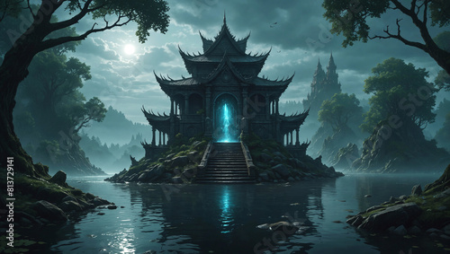 Temple of the water deity, ancient chinese temple is glowing with blue light of the spirits, moonlit lake in a dense forest, digital illustration, epic fantasy scenery, high detail photo