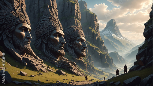 The valley of Gods, huge statues of various deities carved into the mountain side, people on a pilgrimage, Slavic or Norse mythology, digital illustration, epic fantasy scenery, high detail