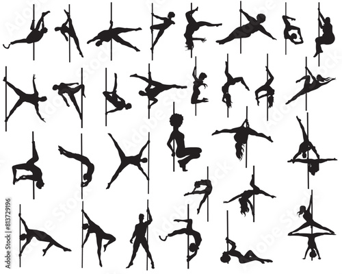 Set of 30 pole dancer silhouettes cutout vector icon sets in various poses isolated on white background. Man, woman, couple, plus size, disability, amputated, prosthetic dancing on pole. 