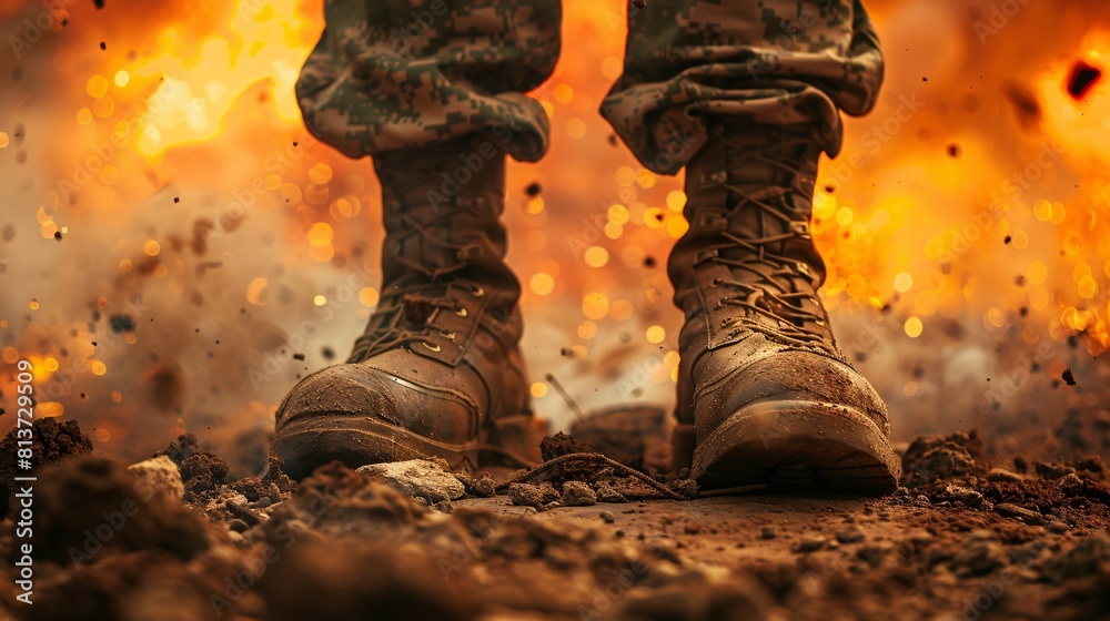 Man in military boots standing in the fire. Close-up. War concept. Man in military boots standing in the fire. Close-up. War concept.