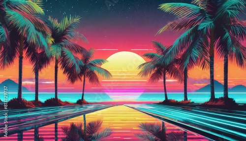 Retro futuristic sunset and beach with palm background
