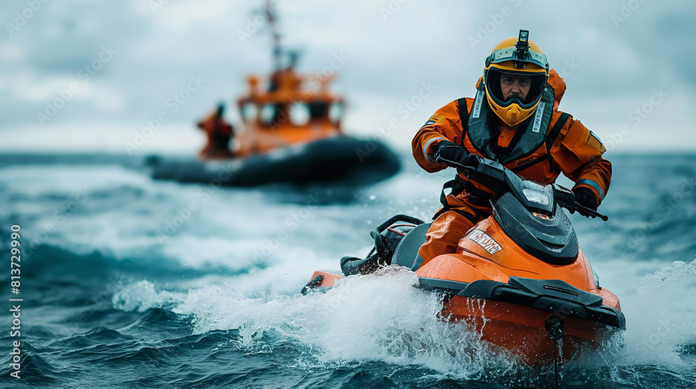 Rescuers ride a jet ski through rough seas to a rescue.