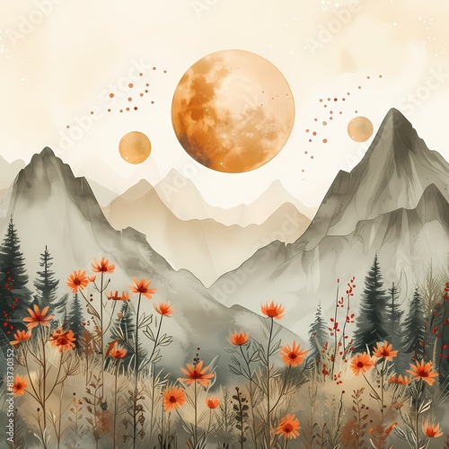 An ethereal landscape with mountains, an orange full moon, and a bed of flowers painting a dreamy scene © Vladan