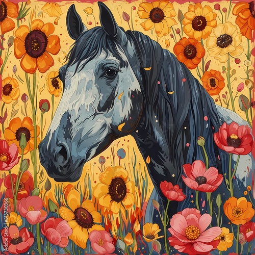 A captivating image of a black horse amidst a field of golden poppies and red flowers © Vladan