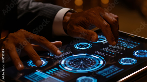 Close-up of a businessman's hand interacting with a network diagram on a tablet, indoor office setting with plants.