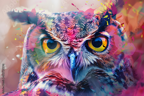 Vivid digital art of an owl with a splash of neon colors © ALEXSTUDIO