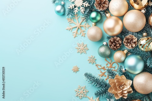 Festive christmas ornaments on green background with space, holiday and new year decoration theme
