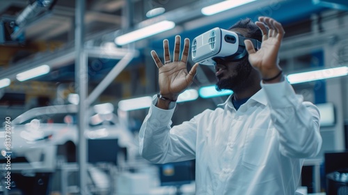 A confident engineer in a white shirt makes gestures of moving invisible objects during virtual reality in an office at a car assembly plant. Industrial Specialist in Technological Development