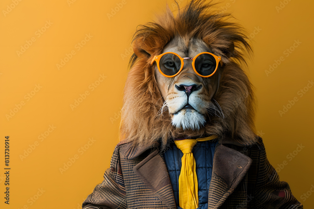 Stylish lion in sunglasses and suit against orange background