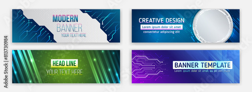 Data protection, internet communication, science, big data, cover design set. Sci-fi vector sample concept. High-tech horizontal banner template. Modern banner design with technology element.