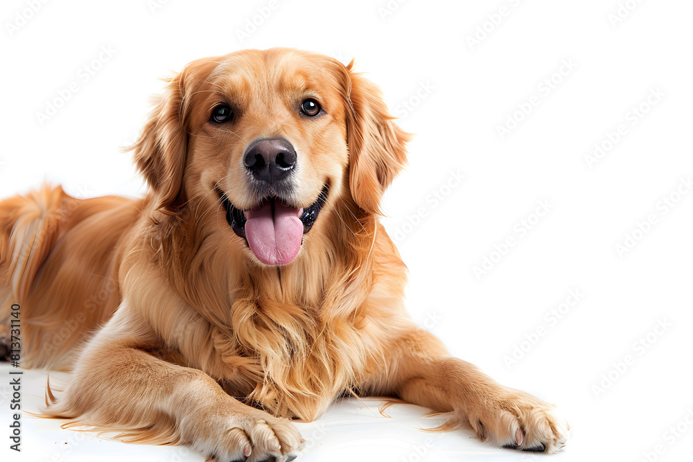 Happy golden retriever dog lying down isolated on white