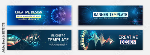 Sci-fi vector sample concept. High-tech horizontal banner template. Modern banner design with technology element. Data protection, internet communication, science, big data, cover design set.