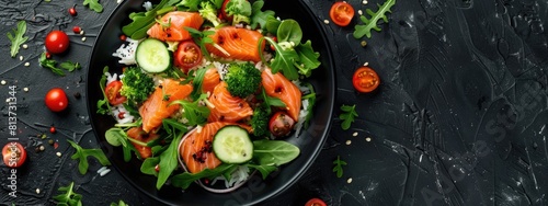 vegetable salad with salmon top view. Selective focus