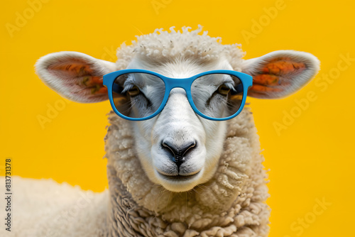 Funky sheep in blue sunglasses on yellow background