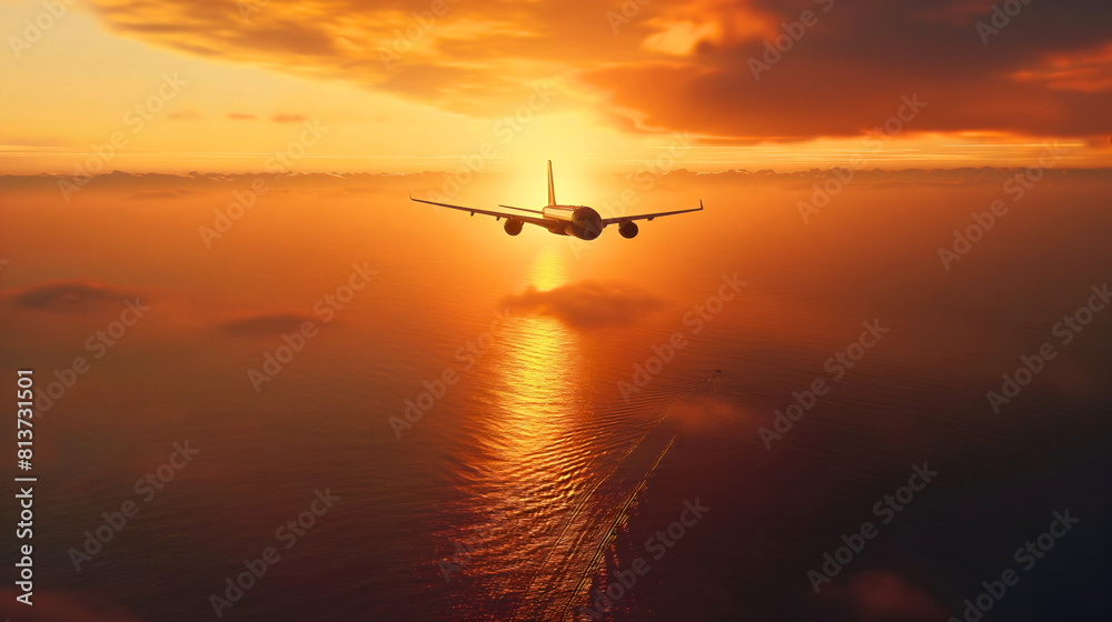 Silhouette of airplane flying over the sea or ocean water during the golden hour sunset in the evening. Horizon sky, overseas international travel and transport commercial flight. Holiday tourism Silhouette of airplane flying over the sea or ocean water during the golden hour sunset in the evening. Horizon sky, overseas international travel and transport commercial flight. Holiday tourism