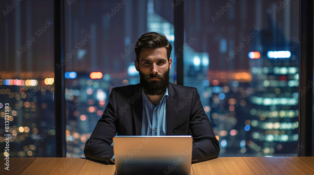 One handsome young businessman, manager with beard sitting at dark office table, working on laptop notebook computer late at night evening. CEO entrepreneur, city skyscraper buildings outside window One handsome young businessman, manager with beard sitting at dark office table, working on laptop notebook computer late at night evening. CEO entrepreneur, city skyscraper buildings outside window