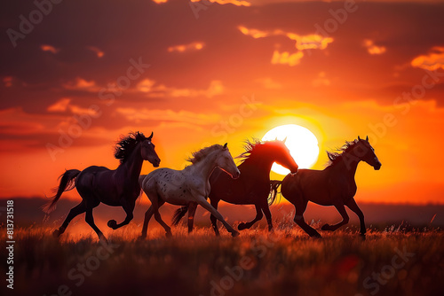 Majestic horses galloping at sunset