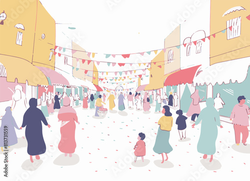 Festive Street Market, Vibrant Illustration of a Bustling Outdoor Marketplace with Colorful Banners