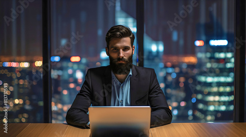 One handsome young businessman, manager with beard sitting at dark office table, working on laptop notebook computer late at night evening. CEO entrepreneur, city skyscraper buildings outside window
