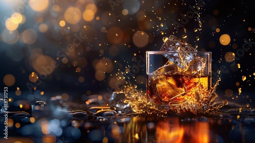 Glass of whiskey with ice cubes and splashes on a dark background. Copy space.